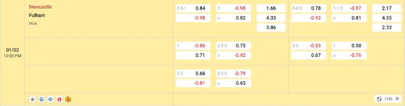 Cập nhật tỷ lệ kèo trước trận đấu Newcastle vs Fulham